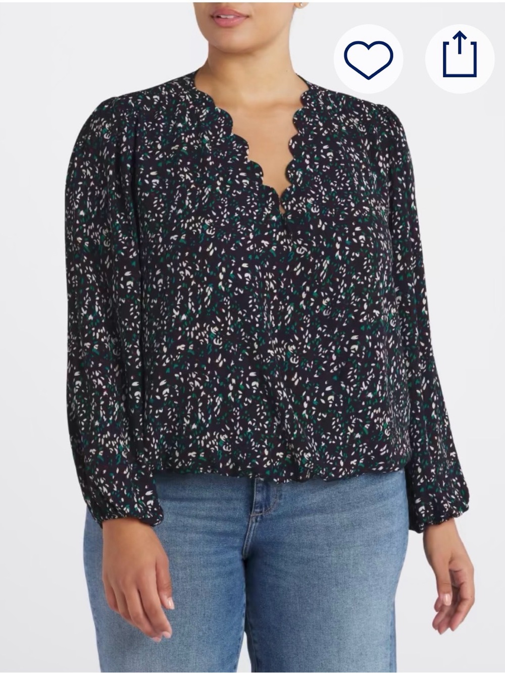 Nine britton Navy Scalloped V-Neck Wrap Blouse with Teal and Cream Print